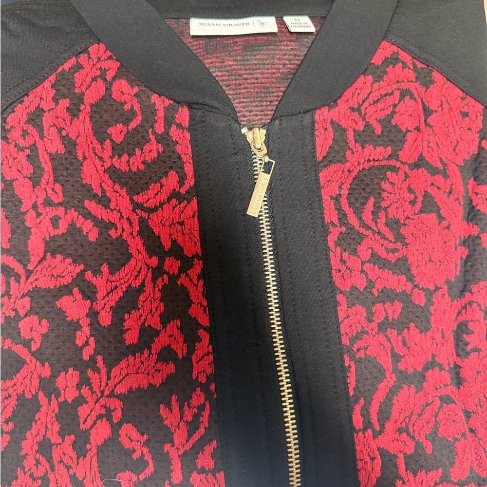 Susan Graver Women's Black and Red Floral Bomber Jacket